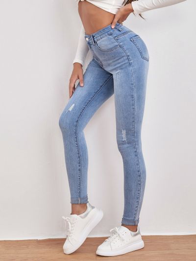 SHEIN Essnce High Waist Ripped Detail Skinny Jeans
