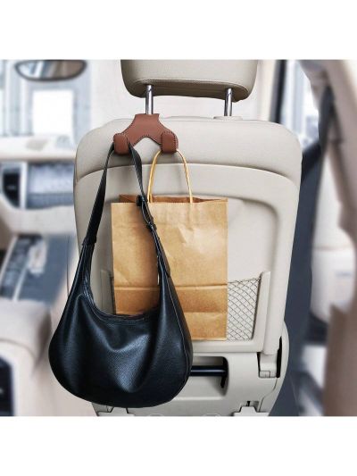 Car Purse Hook, 2 in 1 Car Seat Headrest Hooks Durable Hanger Storage Holder Leather Organizer for Hanging Grocery Bags, 2 Pack, brown