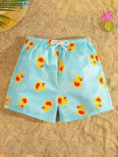 SHEIN Teen Boys' Casual Loose Woven Beach Shorts With Allover Yellow Duck Print