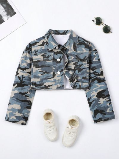 Tween Girls' Short Style Camouflage Denim Jacket