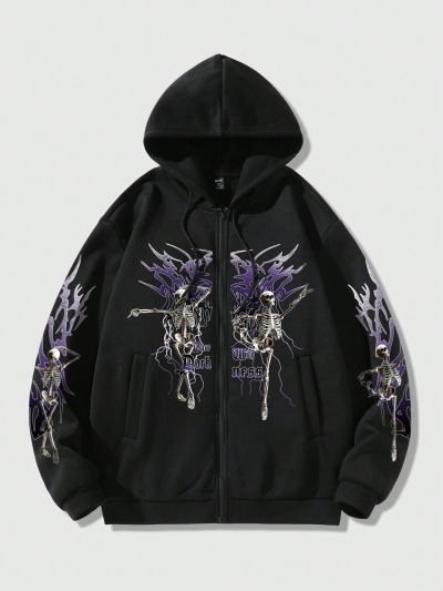 ROMWE Grunge Punk Men's Letter Skull Printed Zip Up Hoodie