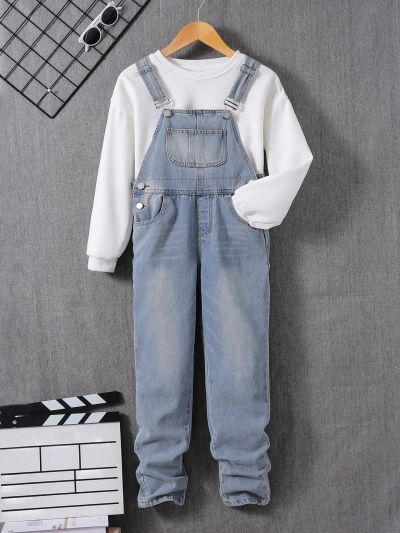 Tween Boys' Trendy Comfortable Casual Front-Pocket Water-Washed Denim Overalls