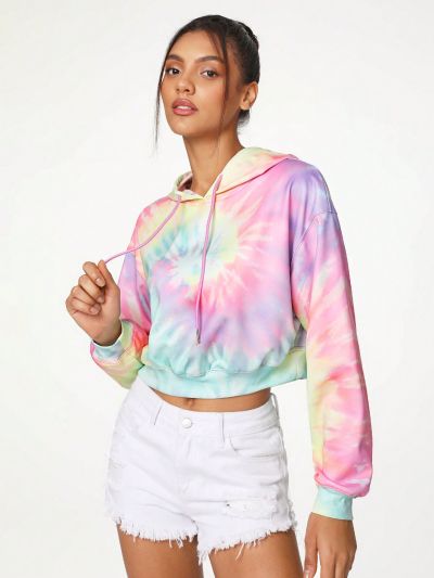 sosiwon Women'S Tie Dye Drawstring Hooded Cropped Sweatshirt
