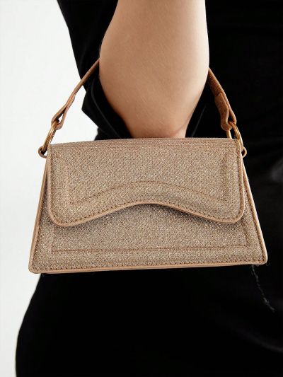 SHEIN BIZwear Women's Golden Flap Handbag, Compact And Delicate Design, Suitable For Dating, Parties, Dinners, Gatherings And Commuting