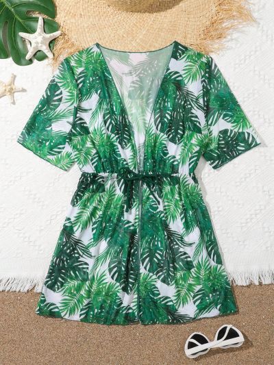 Tween Girls' Tropical Plant Print Long Cardigan Top