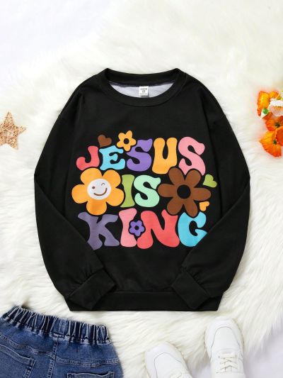 SHEIN Kids SPRTY Tween Girls Casual Street Style Letter Printed Sweatshirt