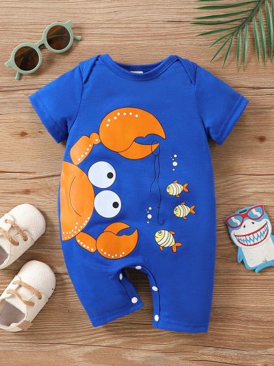 Baby Boy's Cartoon Crab & Fish Printed Short Romper For Summer