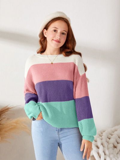 SHEIN Teenage Girls' Color Block Casual Loose Fit Round Neck Sweater With Long Sleeves