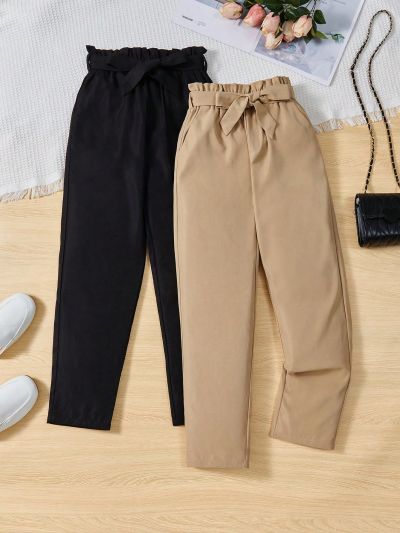 SHEIN Kids Nujoom Tween Girls' Casual Straight Wide Leg Pants With Paper Bag Waist (multiple Colors)