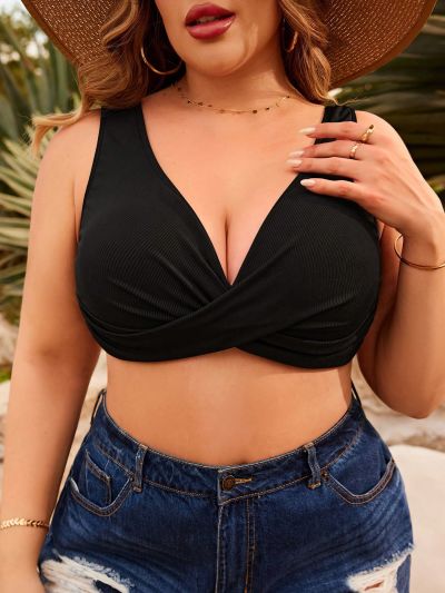 SHEIN Swim Basics Plus Size Solid Color Cross Detail Swimwear Top