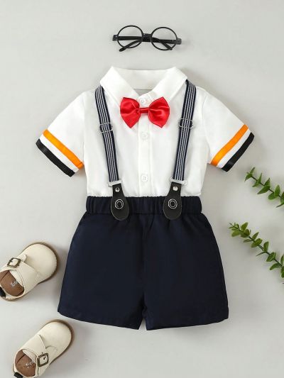 Baby Boys' Gentleman Short Sleeve Bow Tie Shirt + Suspenders Shorts Set
