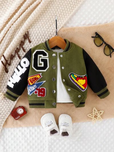 Boys' Casual Green Jacket With Irregular Embroidery Decoration For Spring And Autumn