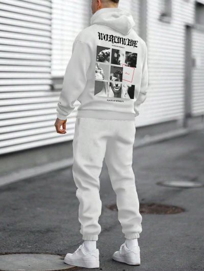 Men's Plus Size Sculpture And Slogan Print Hoodie And Sweatpants Set With Drawstring