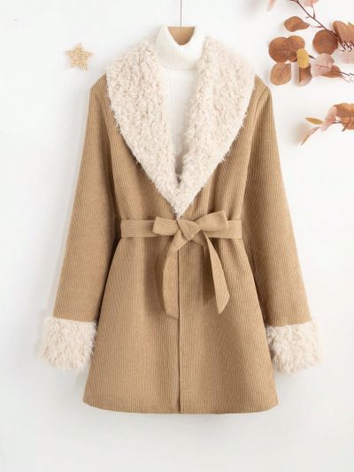 Teen Girls' Fuzzy Panel Corduroy Belted Jacket For Autumn And Winter