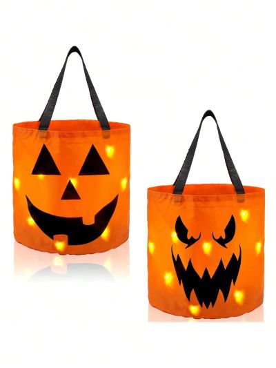 JOYIN 2 PCS Halloween Trick or Treat Bags LED Light Pumpkin Buckets Reusable Goody Bucket for Kids Halloween Birthday Party