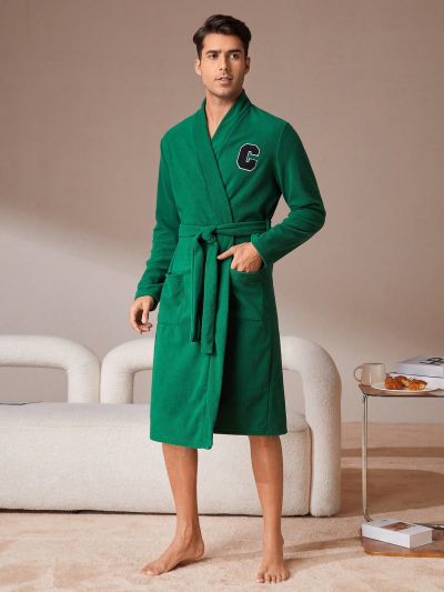 Men's Long Solid Color Waist Belted Bathrobe
