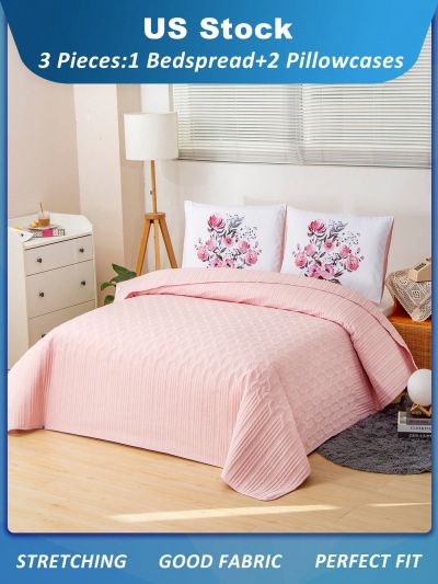3pcs Pink Flower Embossed Quilted Bedspread Set, 1pc Bedspread And 2pcs Pillow Case, Pillow Core Not Include, Modern Minimalist Style Fabric Bedspread, For Bedroom