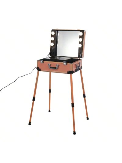 LED Makeup Case Cosmetic Train Table W/6 LED Lights & Rolling Wheels & Mirror