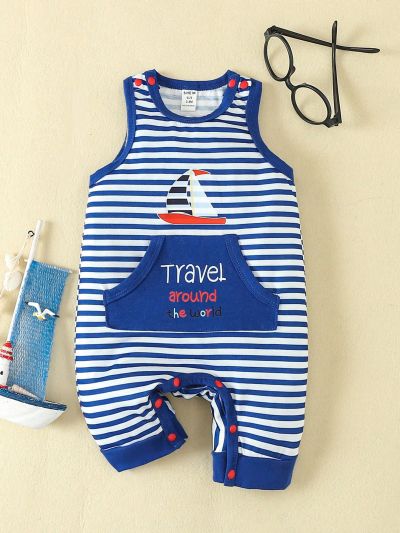 Baby Boy Sailing & Stripe Patterned Kangaroo Pocket Vest Romper With Shorts