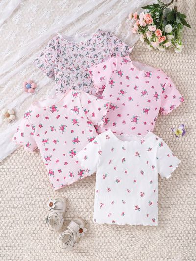 4pcs/Set Baby Girls' Knitwear Spring/Summer Small Floral Print Top, Elegant, Romantic, Cute, Casual Clothes, Suitable For Outing, Party, Holiday And Festival