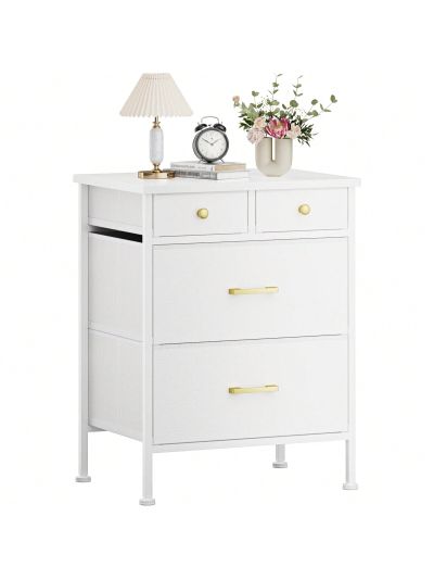 GINRGINR White Nightstand with Different Size Drawer, Bedside Table with 4 Fabric Drawers of Faux Leather, Modern Night Stand End Table for Bedroom, White, 13.7"D x 18.5"W x 25"H