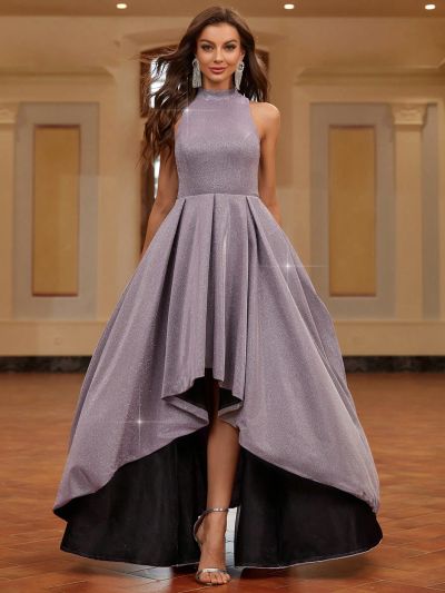 SHEIN Belle Ladies' Formal Evening Dress, With High Low Asymmetric Hemline And Stand Collar (Heavy Duty)