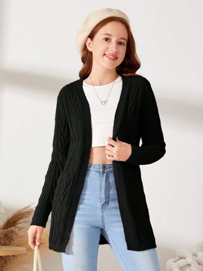 SHEIN Teen Girls' Leisure Loose Cable Knitted Cardigan Sweater