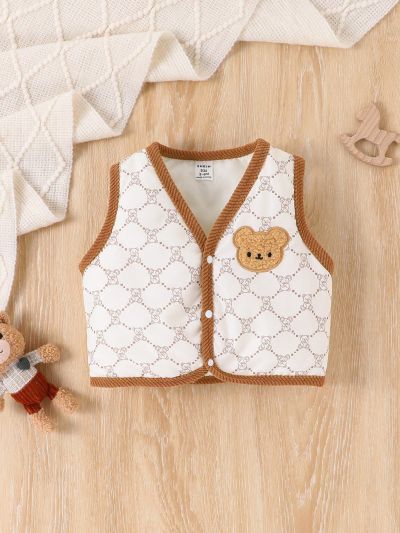 Baby Boys' Vest Jacket With Color Block Trim And Bear Pattern