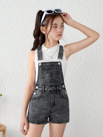 SHEIN Tween Girls Y2K Spring Summer Boho Casual Patch Pocket Denim Overalls Jumpsuit, Girls Denim Romper For Spring Summer Outfits