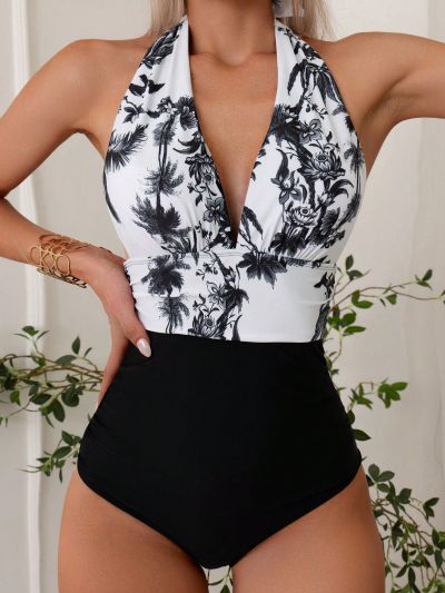 SHEIN Swim Summer Beach Tropical Print Ruched Halter One Piece Swimsuit