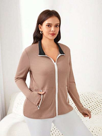Plus Size Women'S Sports Jacket With Zipper Pockets, Thumb Holes And Long Sleeves