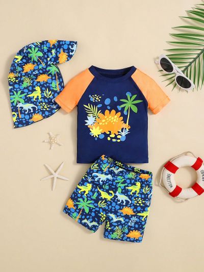 SHEIN Baby Boy Baby Girl Cartoon Dinosaur & Plant Pattern Round Neck Short Sleeve Top + Shorts + Sunhat + Swimwear 4pcs Set