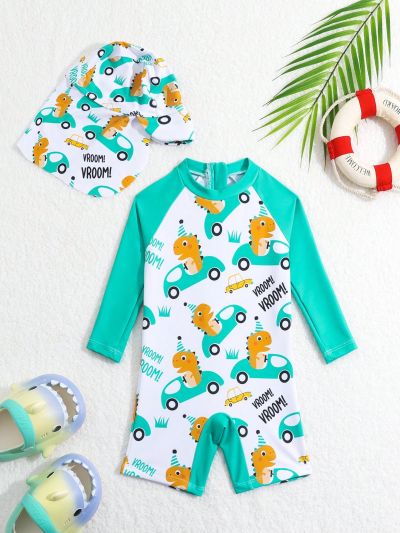 Baby Boy Dinosaur Printed One-Piece Swimsuit With Hat
