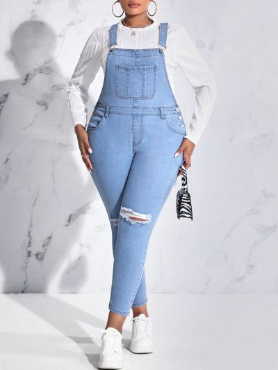 SHEIN Plus Ripped Denim Overalls Without Tee