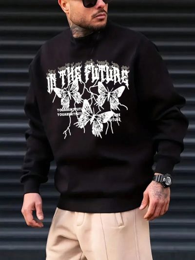 Manfinity LEGND Men'S Plus Size Butterfly And Slogan Print Round Neck Sweatshirt