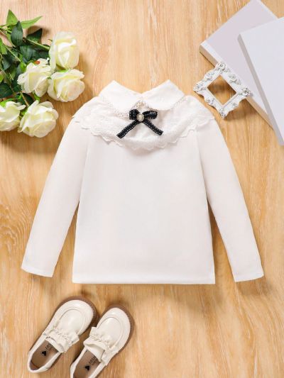 SHEIN Kids HYPEME Little Girl's Long Sleeve Lace Doll Collar Single-breasted Shirt, Spring & Autumn