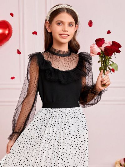 SHEIN Kids FANZEY Girls' Polka Dot Mesh Flocked Casual Shirt With Stand Collar