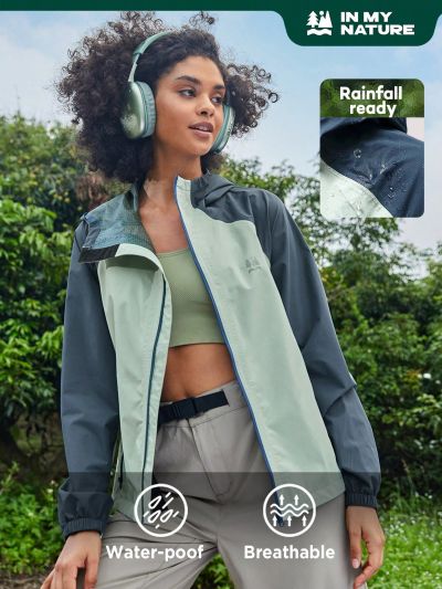 SHEIN In My Nature Women's Fashionable Two Tone Full-zip Waterproof Rubber Hooded Outdoor Hiking & City Commute Windbreaker Jacket