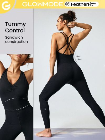 GLOWMODE 30" FeatherFit™ Contour Cross Strap Tummy Control Jumpsuit Light Support Low Impact Yoga Studio