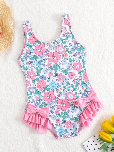 Baby Girl Random Printed Swimsuit With Bowknot Decoration And Ruffled Hem, One-Piece