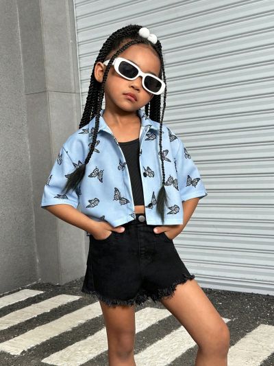 SHEIN Toddler Girls' Daily Casual Butterfly Print Short Sleeve Shirt