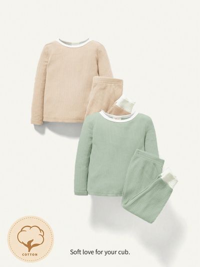 Cozy Cub Baby Girl Four-Piece Set: Color-Block Long-Sleeve Round Neck Top And Long Pants, Bodysuit Pajama