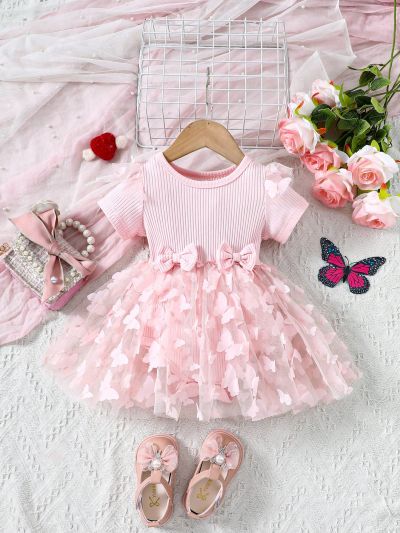 Infant 3d Butterfly Applique Short Sleeve Mesh Romper