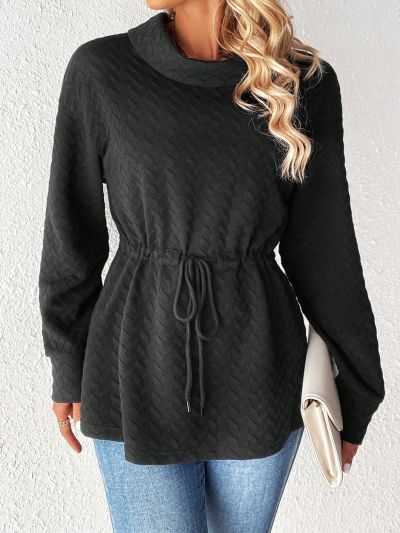 Women'S Drawstring Waist Drop Shoulder Long Sleeve Sweatshirt