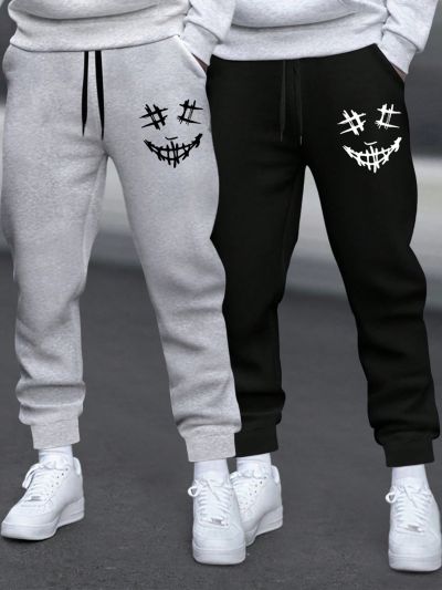Extended Sizes Men's Plus Size 2pcs/set Cartoon Printed Drawstring Jogger Pants