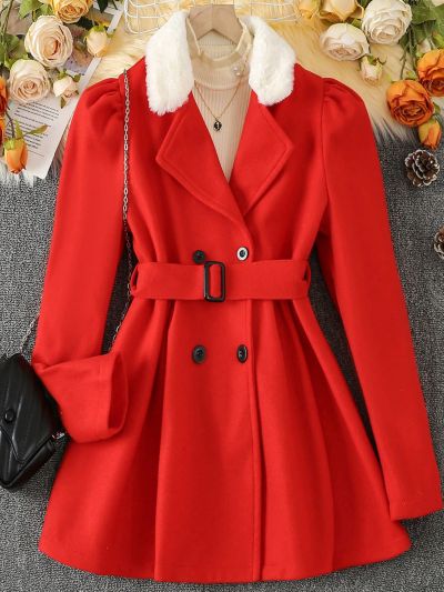 SHEIN Kids Nujoom Tween Girl Borg Collar Double Breasted Belted Overcoat