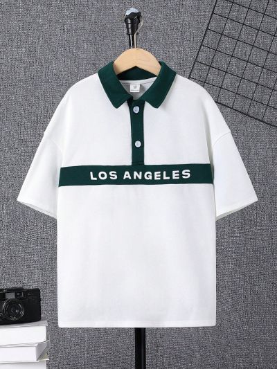 SHEIN Boys' Casual Colorblock Polo Shirt With Half Button Placket & Letter Print