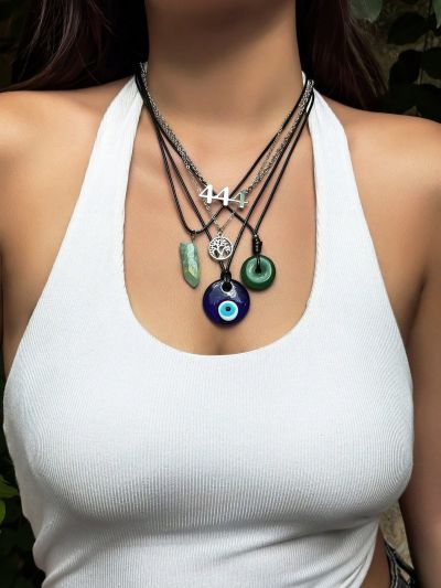 Women's Set Of 5 Creative Fashionable Healing Crystal Pendants. Retro Circular Tree, Irregular Crystal, Hamsa Hand Necklace. Bohemian Style Jewelry Set