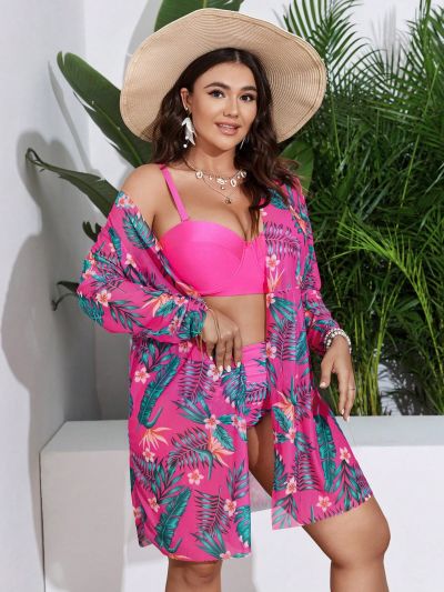 SHEIN Swim Vcay Plus Size Women'S Separable Swimsuit With Underwire & Push-Up Bra, 3pcs