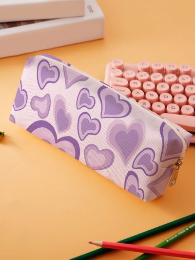 1pc Heart Pattern Stationery Bag, Creative Double Sided Pen Bag For Student Stationery Organizer
